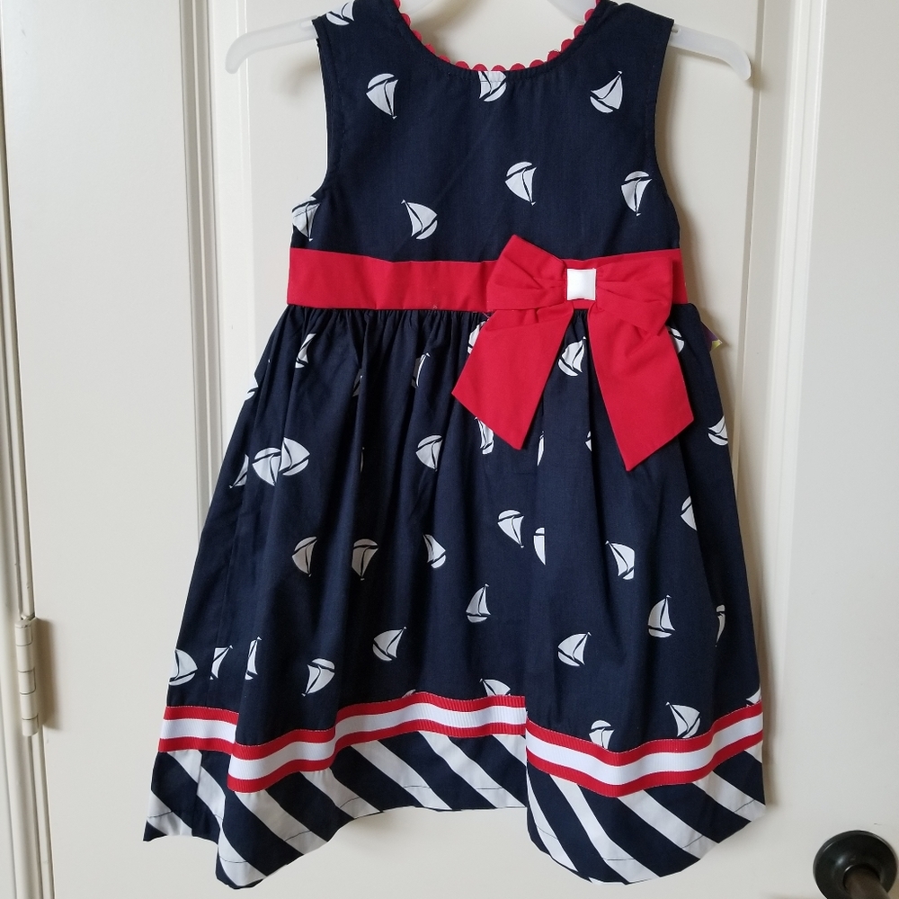 Navy Blue Sailboat Dress with Red Bow
